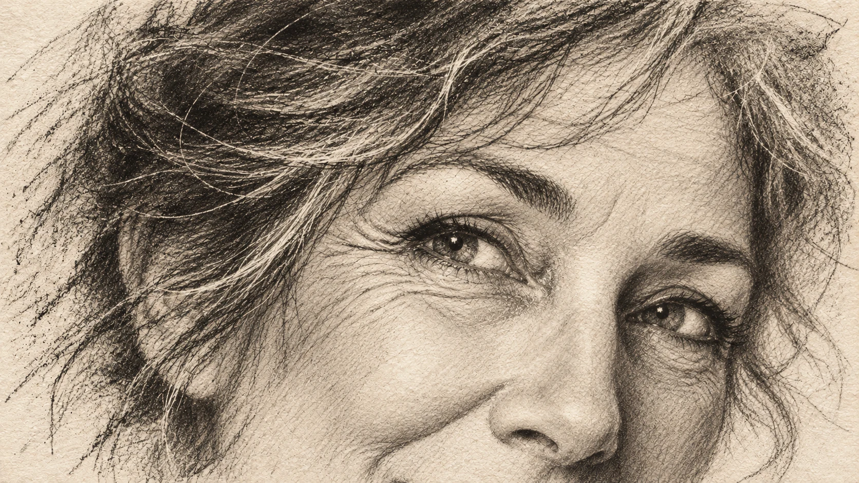 Portrait sépia d’une femme âgée, dessiné au crayon