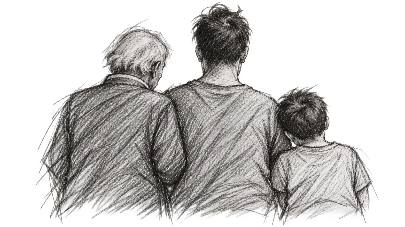 Trois silhouettes de dos, côte à côte, dessinées au fusain et au crayon