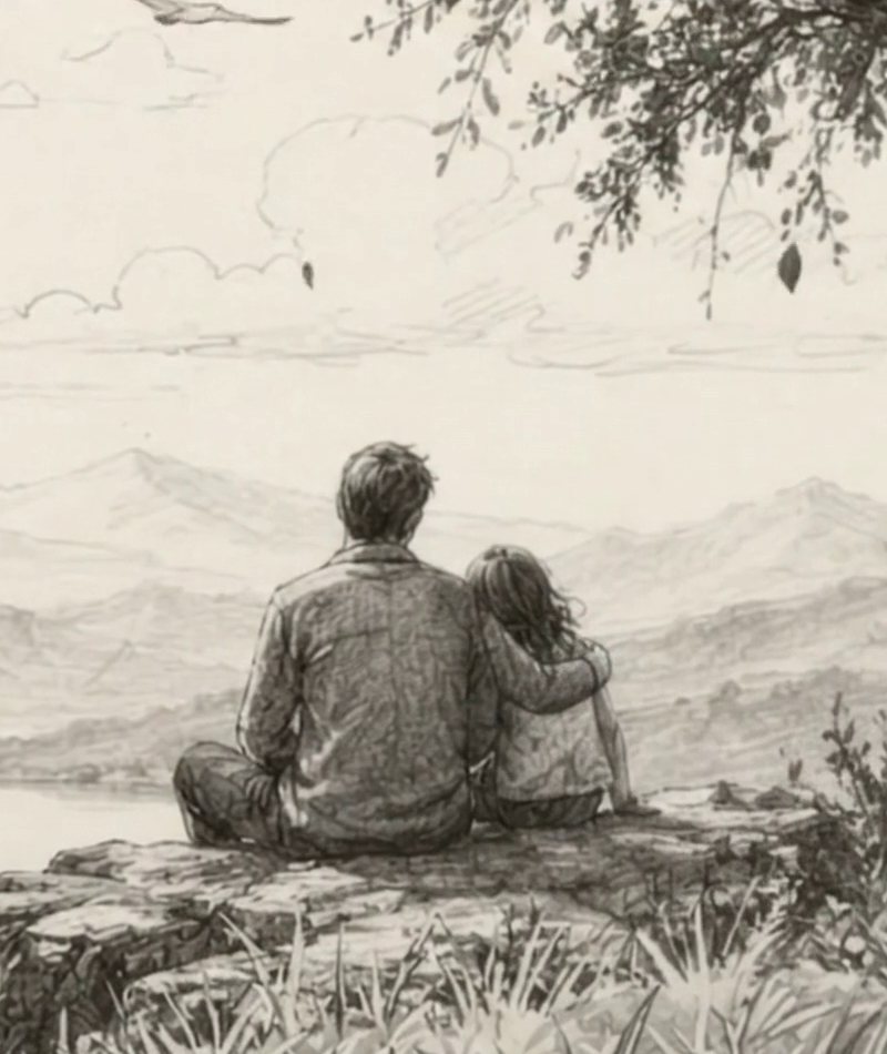 Dessin au crayon d’un père et de sa fille assis face au lac