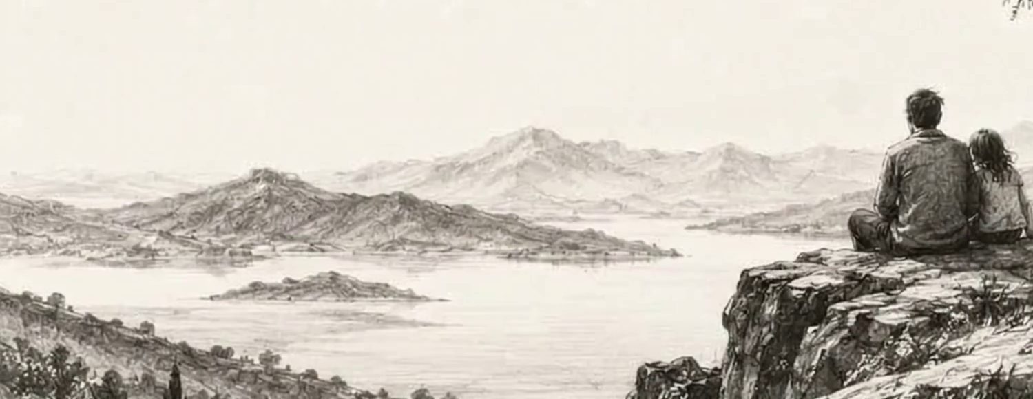 Dessin au crayon d’un lac entouré de collines